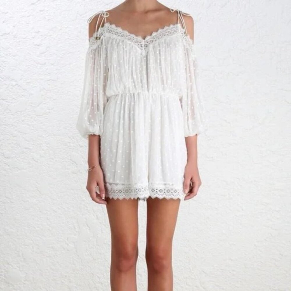 Zimmermann Realm Scallop Cold‎ Shoulder Lace Trim Swiss Dot Gauze Playsuit